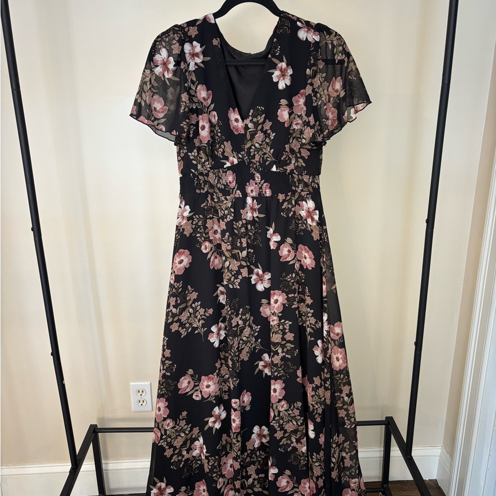 Floral Black and Pink Maxi Dress wedding guest dress